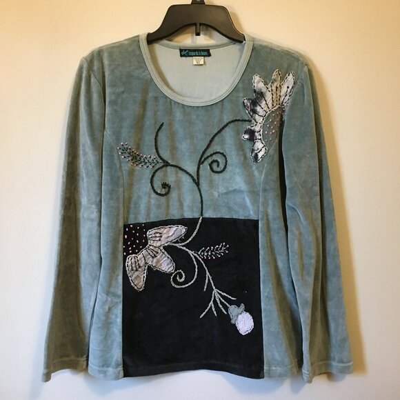 Sage Leopards & Roses Soft Terry Flower Embroidered Velour Sweater - Picture 1 of 15